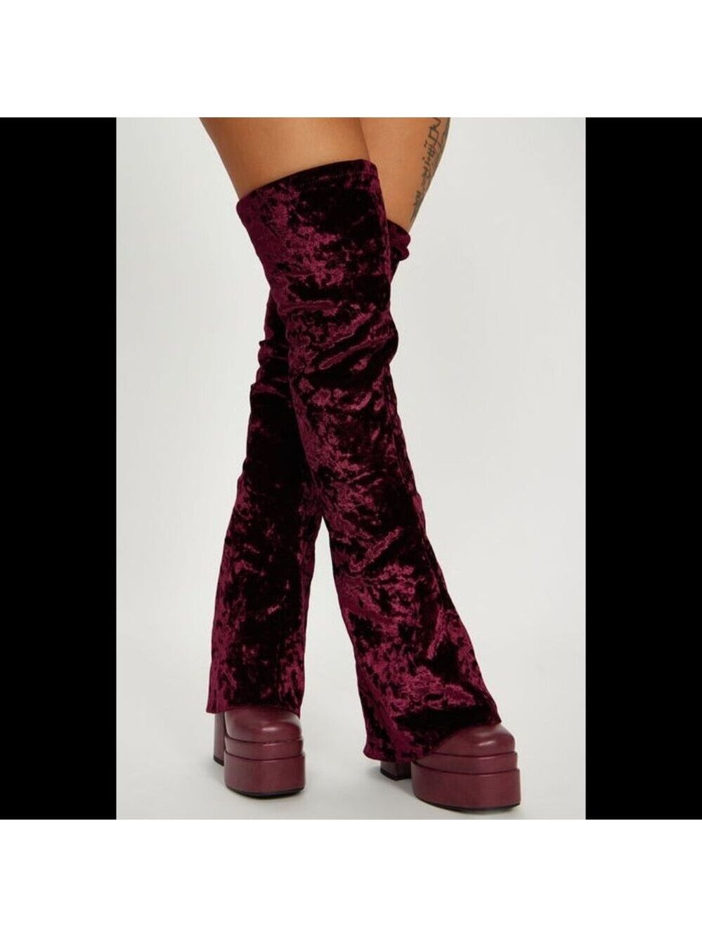 Good Will Unique Thigh High Wine Red Velvet Fold over Chunky Heel Platform Boots - Picture 10 of 10